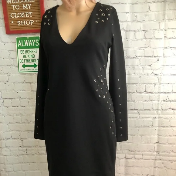 Express | Dresses | 43 Express Long Sleeve Vneck Riveted Black Dress Size S  | Poshmark